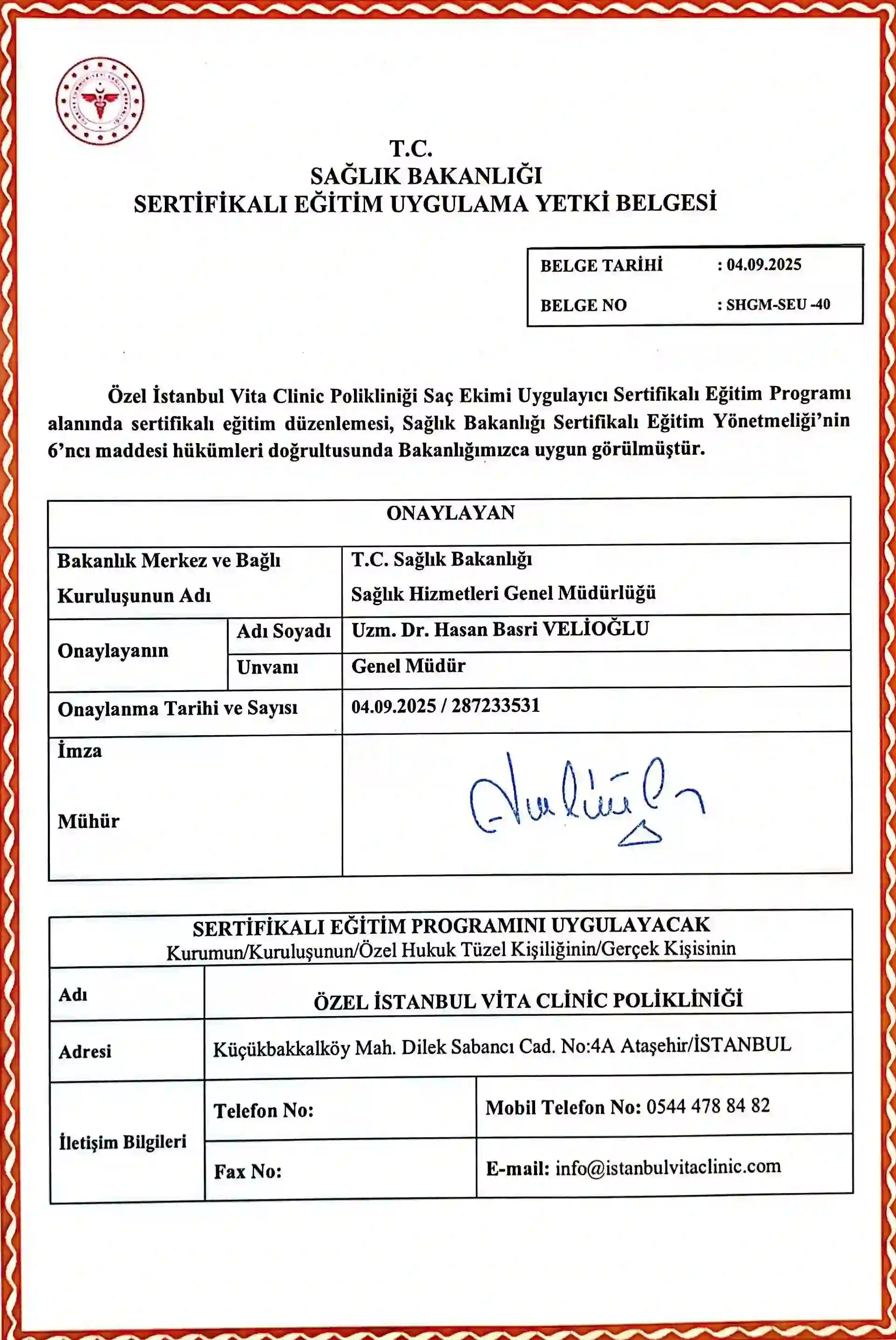 Authorization Certificate for Certified Hair Transplant Training Programs