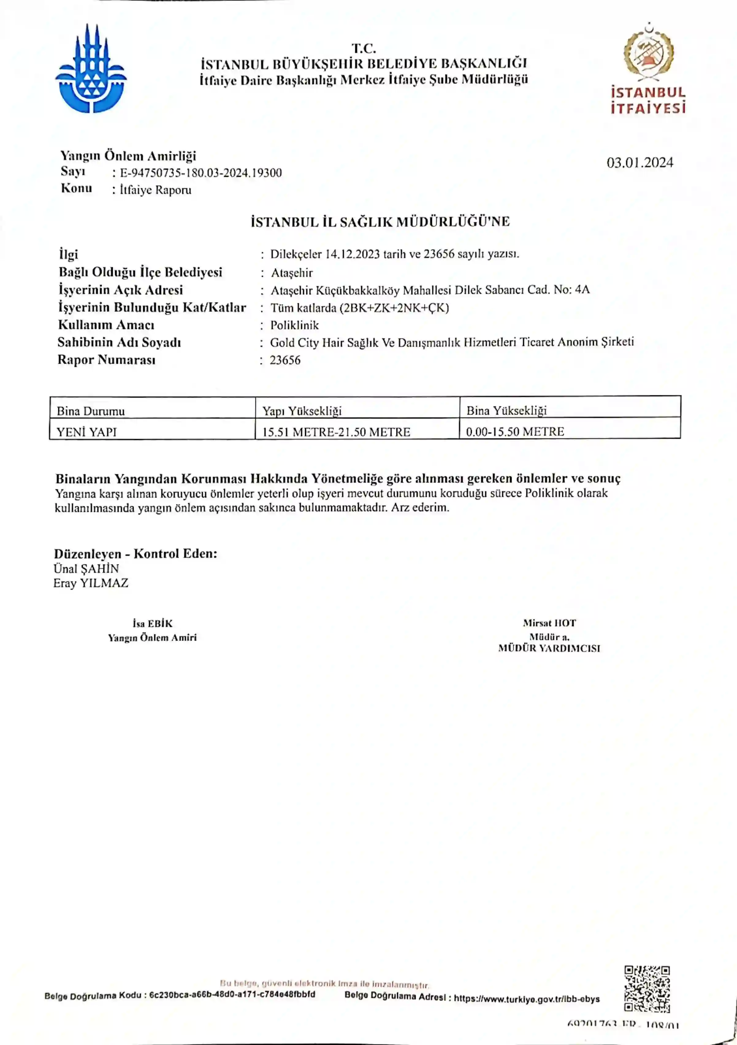 Istanbul Fire Department Safety Certificate