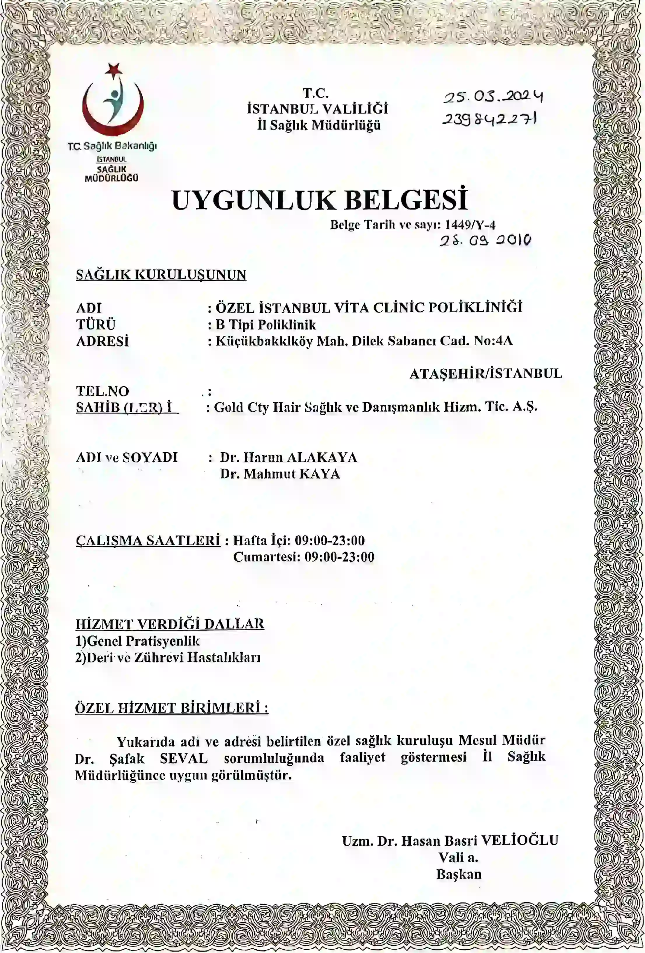 Istanbul Vita Compliance Certificate