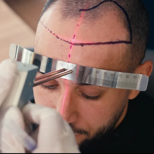 Hairline measured with a laser guide and ruler during a hair analysis at Istanbul Vita