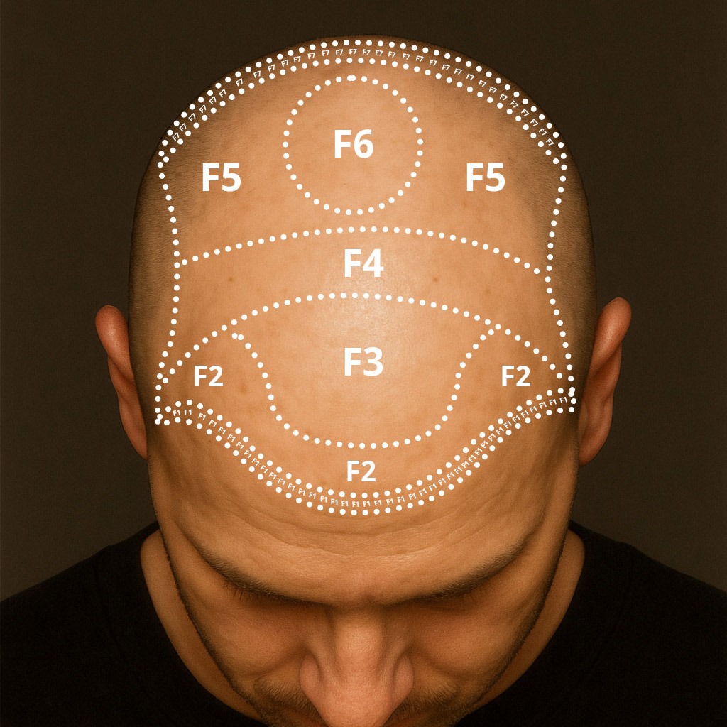 Vue de Face des Zones de Greffe de Cheveux - Zones F1, F2, F3, F4, F5, F6