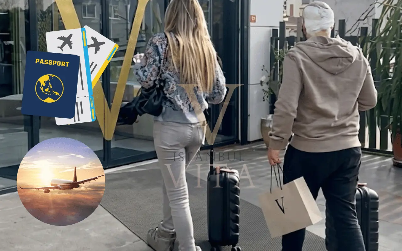 a man and woman walking to the airport flight after hair transplant surgery