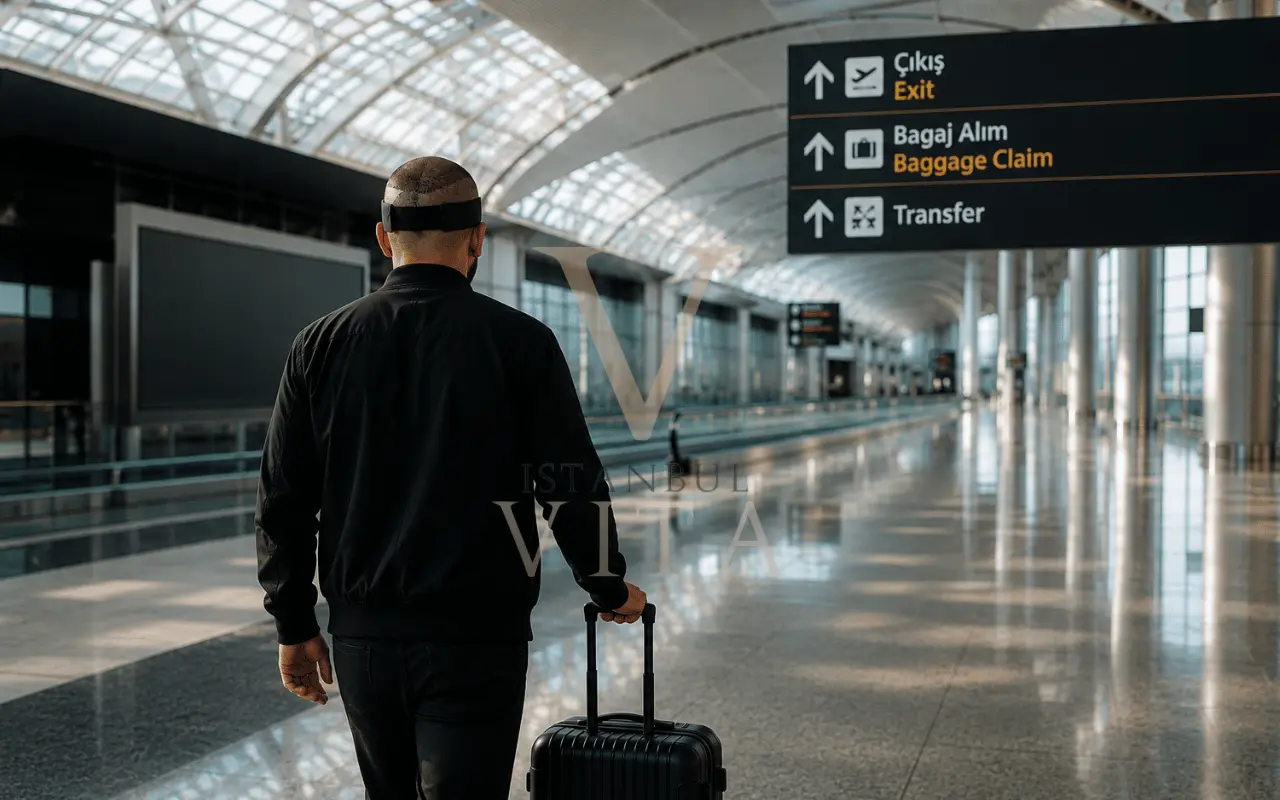 a patient is at airport after having hair transplant